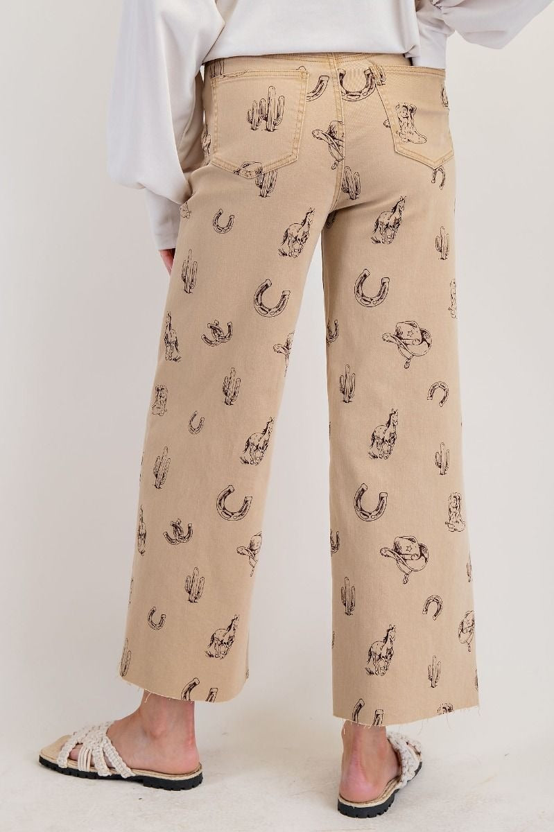 Western printed washed twill pants