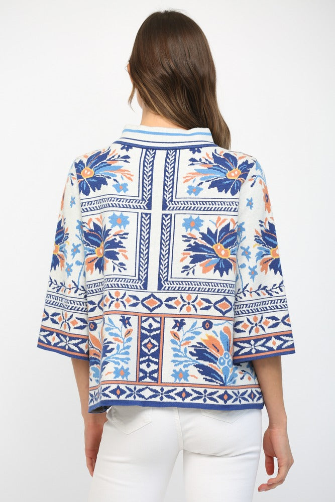 Patchwork pattern mock neck sweater