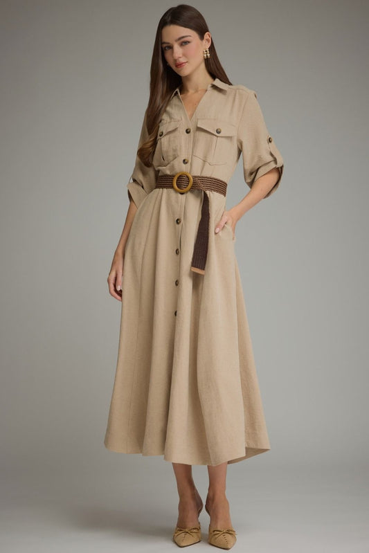 Solid ¾ roll-tab sleeve midi dress with belt