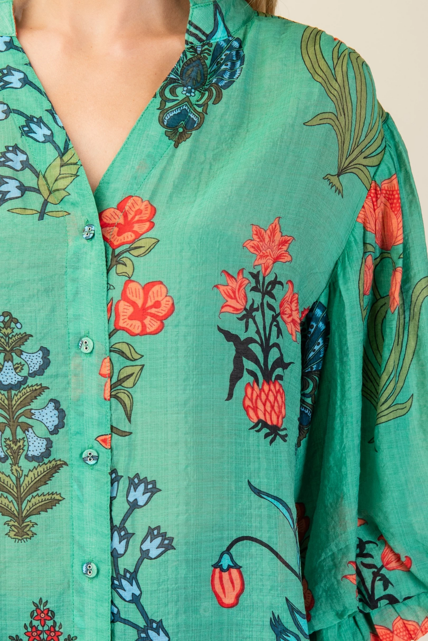 Printed button down top with 3/4 length gathered balloon sleeves