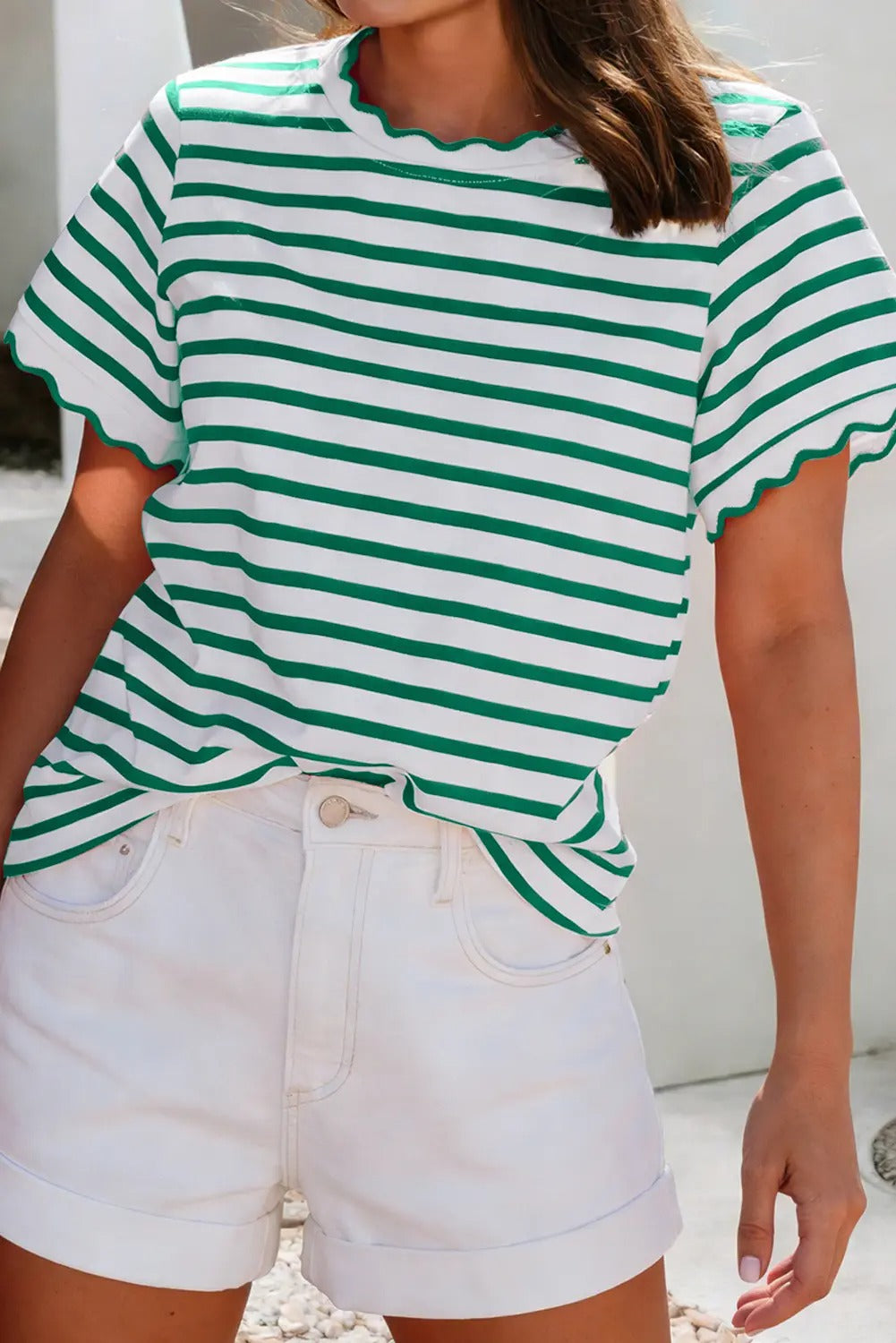 Spring Scalloped Trim Round Neck Stripe T Shirt