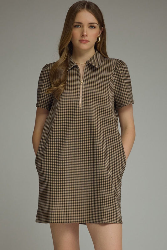 Gingham print short puff sleeve mini dress featuring half zip detail at front