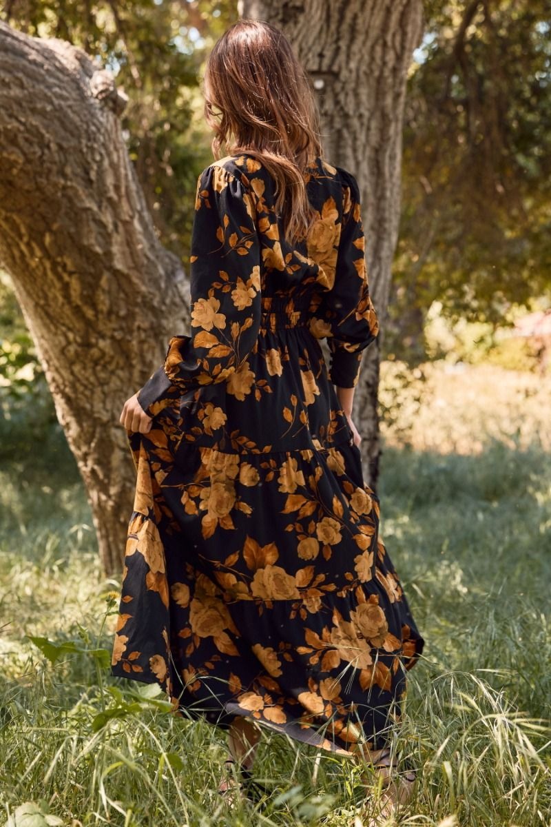 Floral printed tiered maxi dress with elastic waist and buttoned neckline