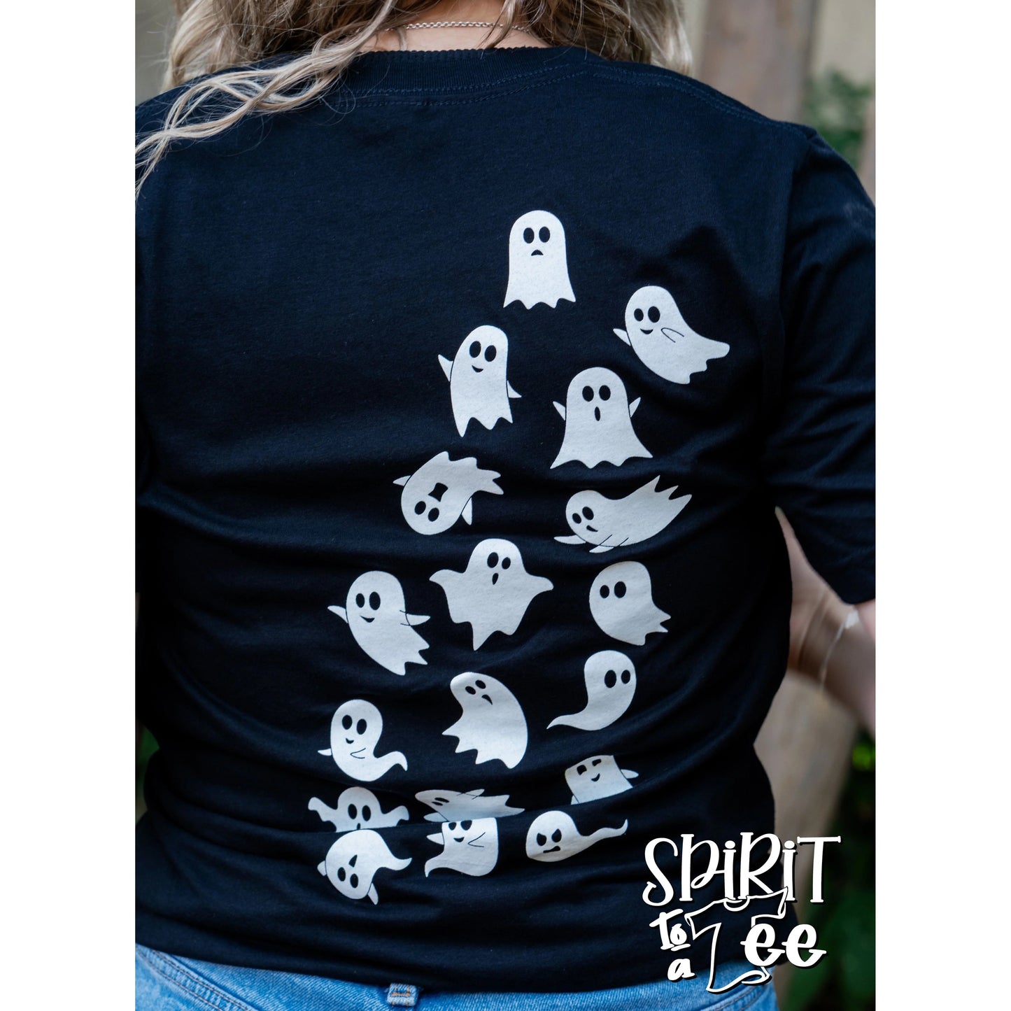 Boo with ghosts on back halloween tee
