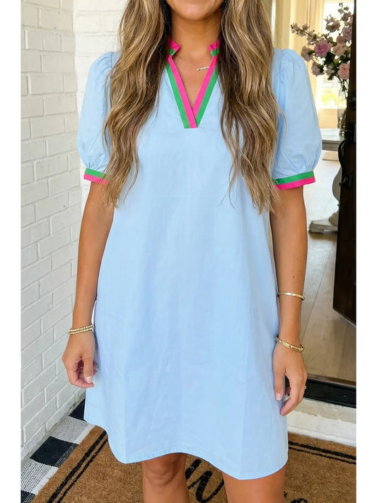 Contrast striped notched puff sleeve mini dress