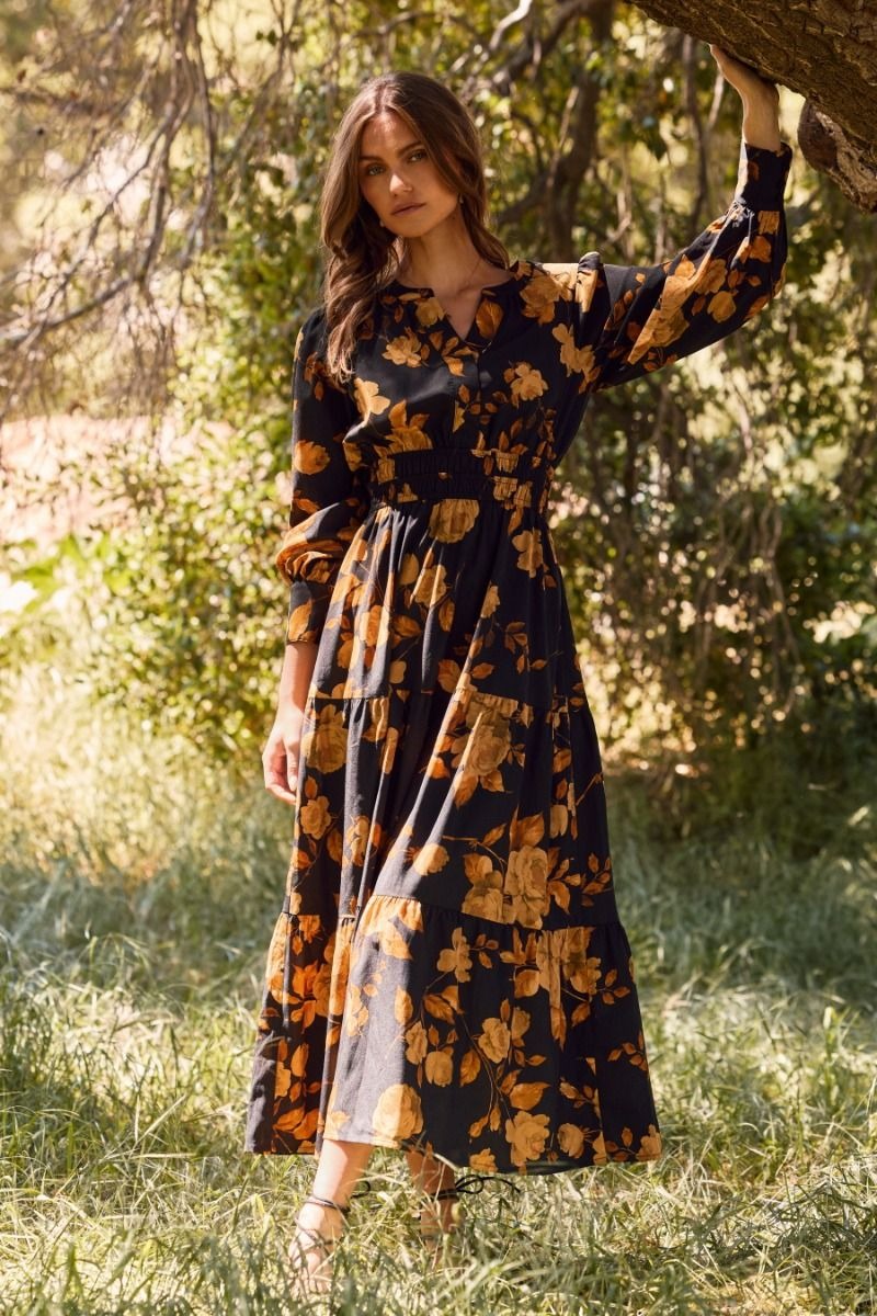 Floral printed tiered maxi dress with elastic waist and buttoned neckline