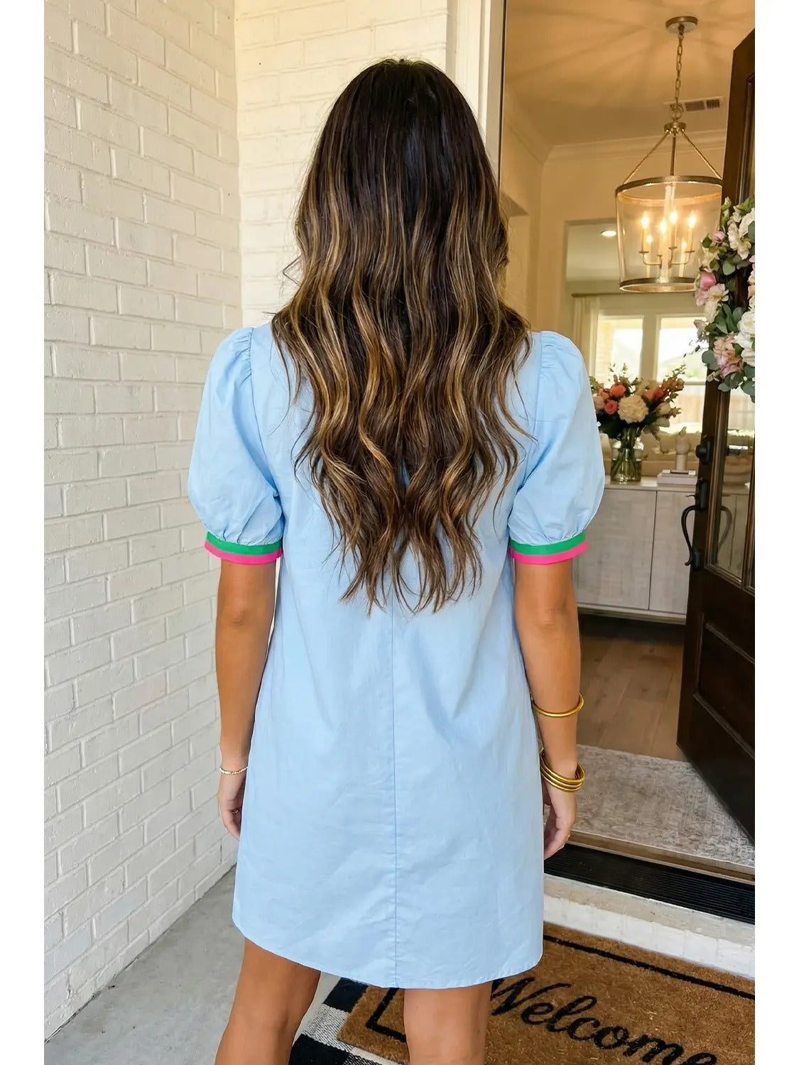 Contrast striped notched puff sleeve mini dress