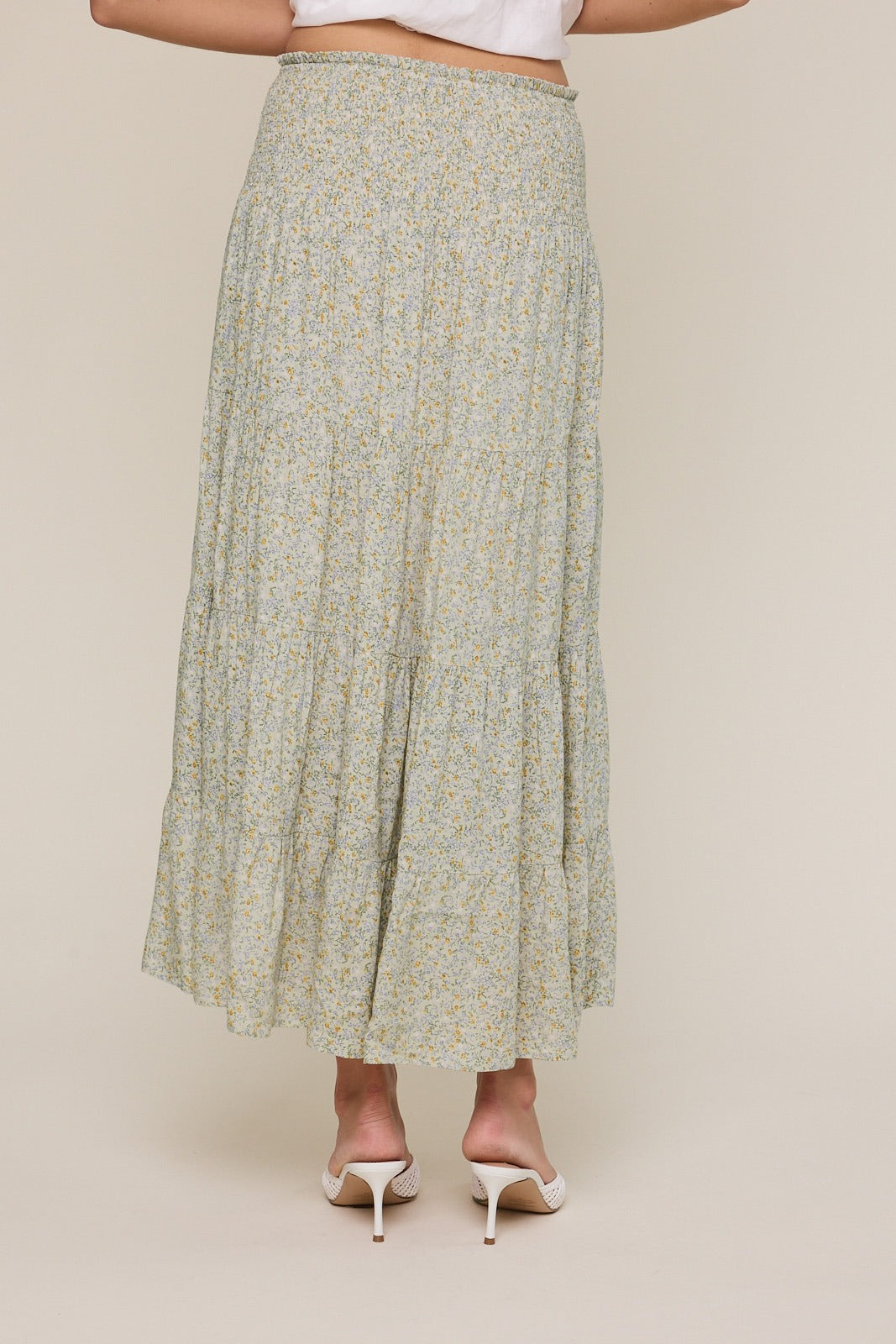 Ditsy floral tiered midi skirt with smocked waistband