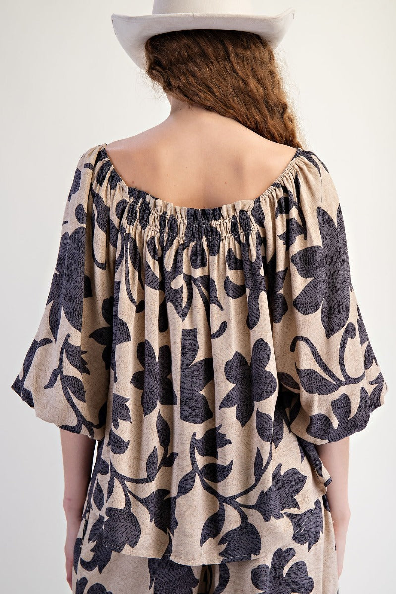 Bubble sleeves printed rayon challis top with elasticized neckline