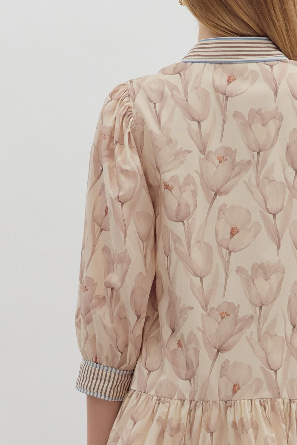 Floral print cuff band 3/4 sleeve ruffle hem mini dress