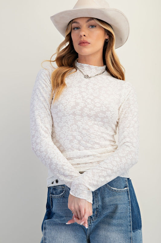 Burnout lace fitted top with textured floral pattern