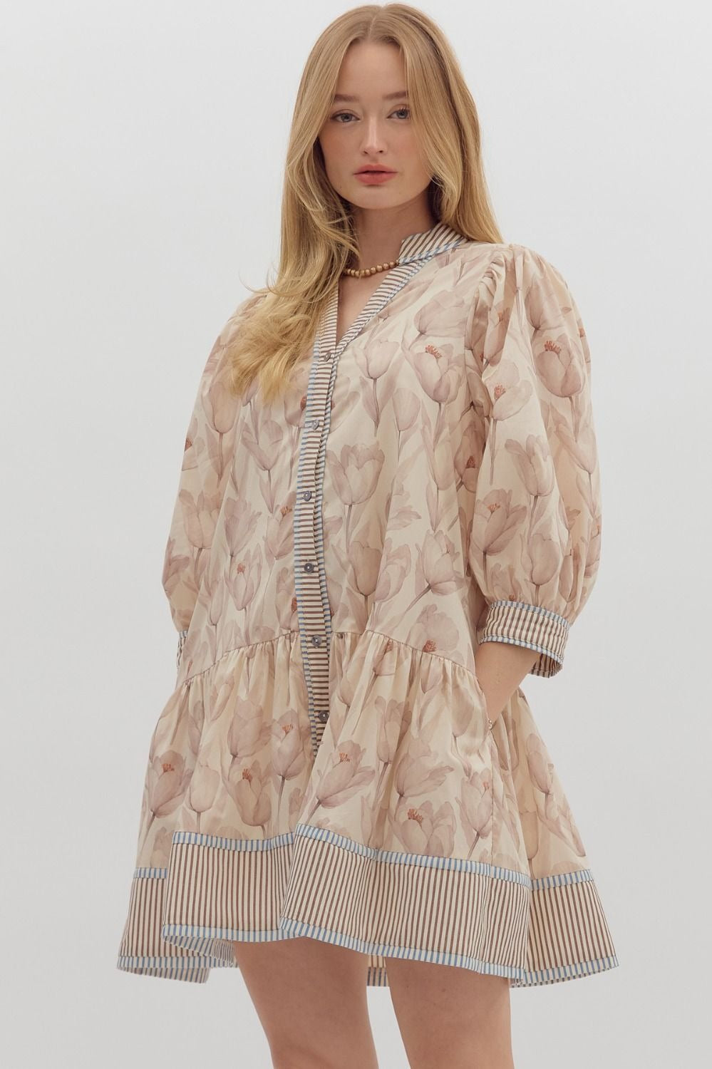 Floral print cuff band 3/4 sleeve ruffle hem mini dress
