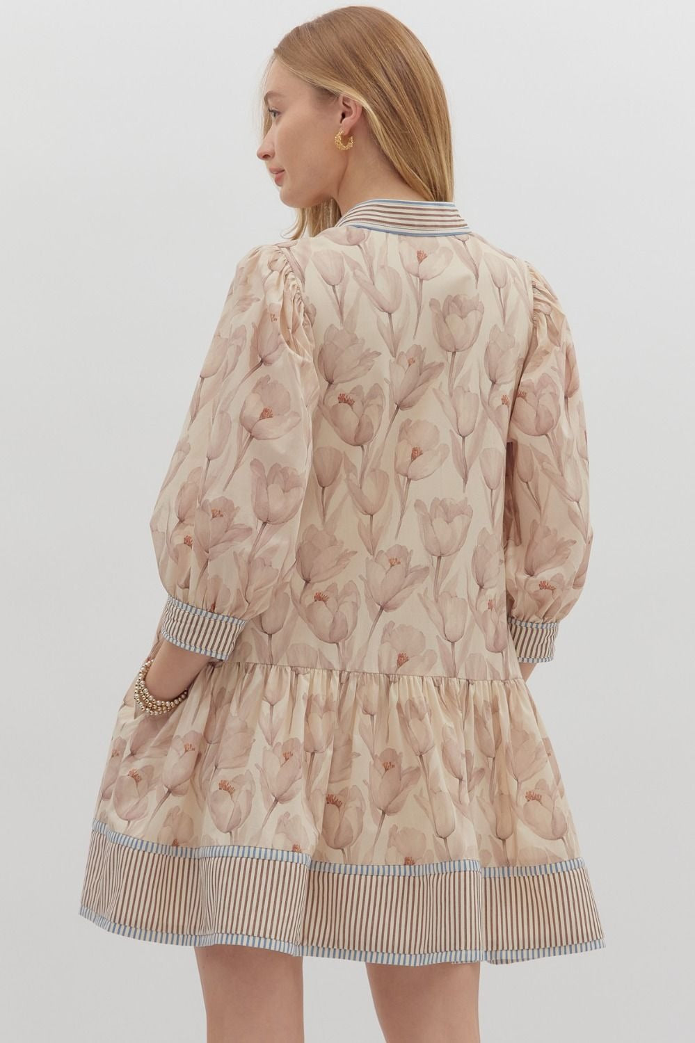 Floral print cuff band 3/4 sleeve ruffle hem mini dress