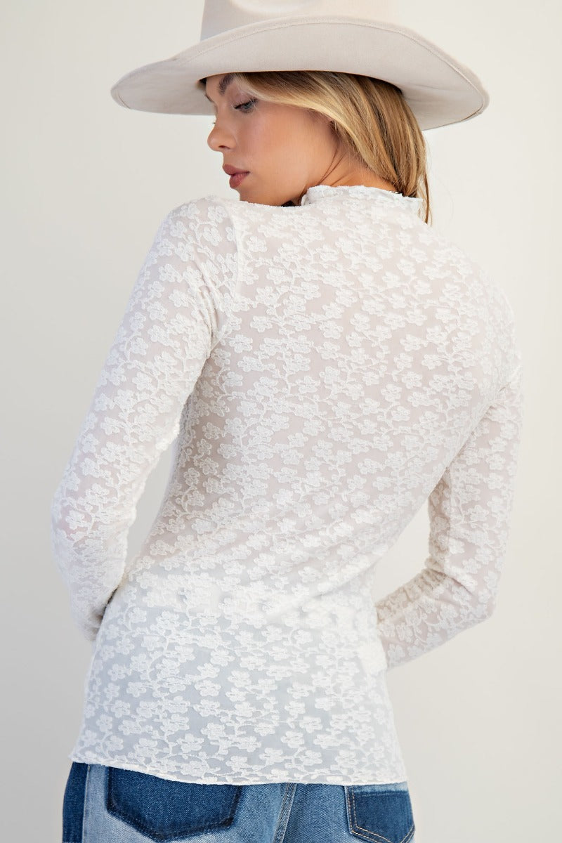 Burnout lace fitted top with textured floral pattern