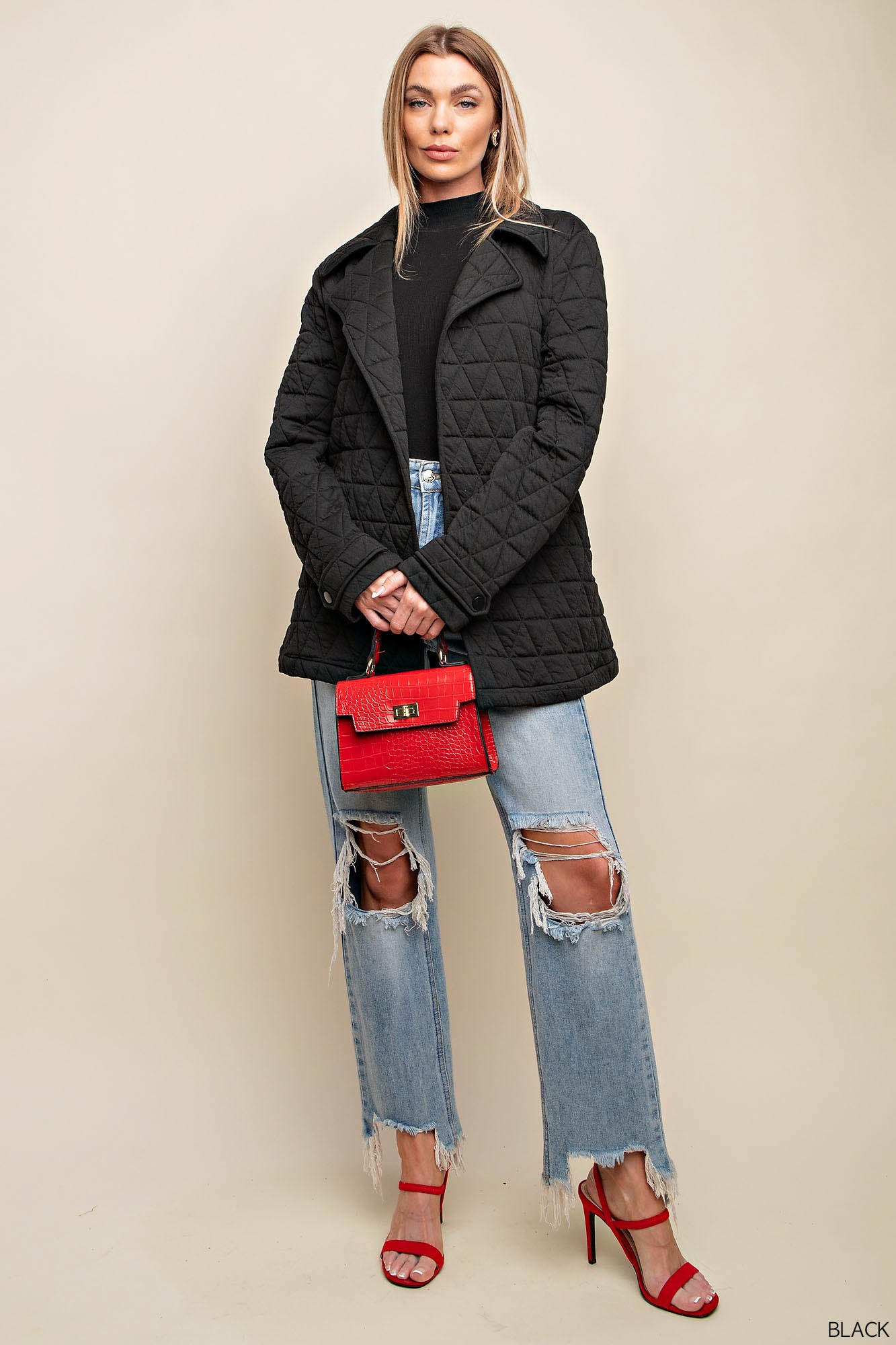 Belted quilt fabric jacket with side pockets Jacket Kori