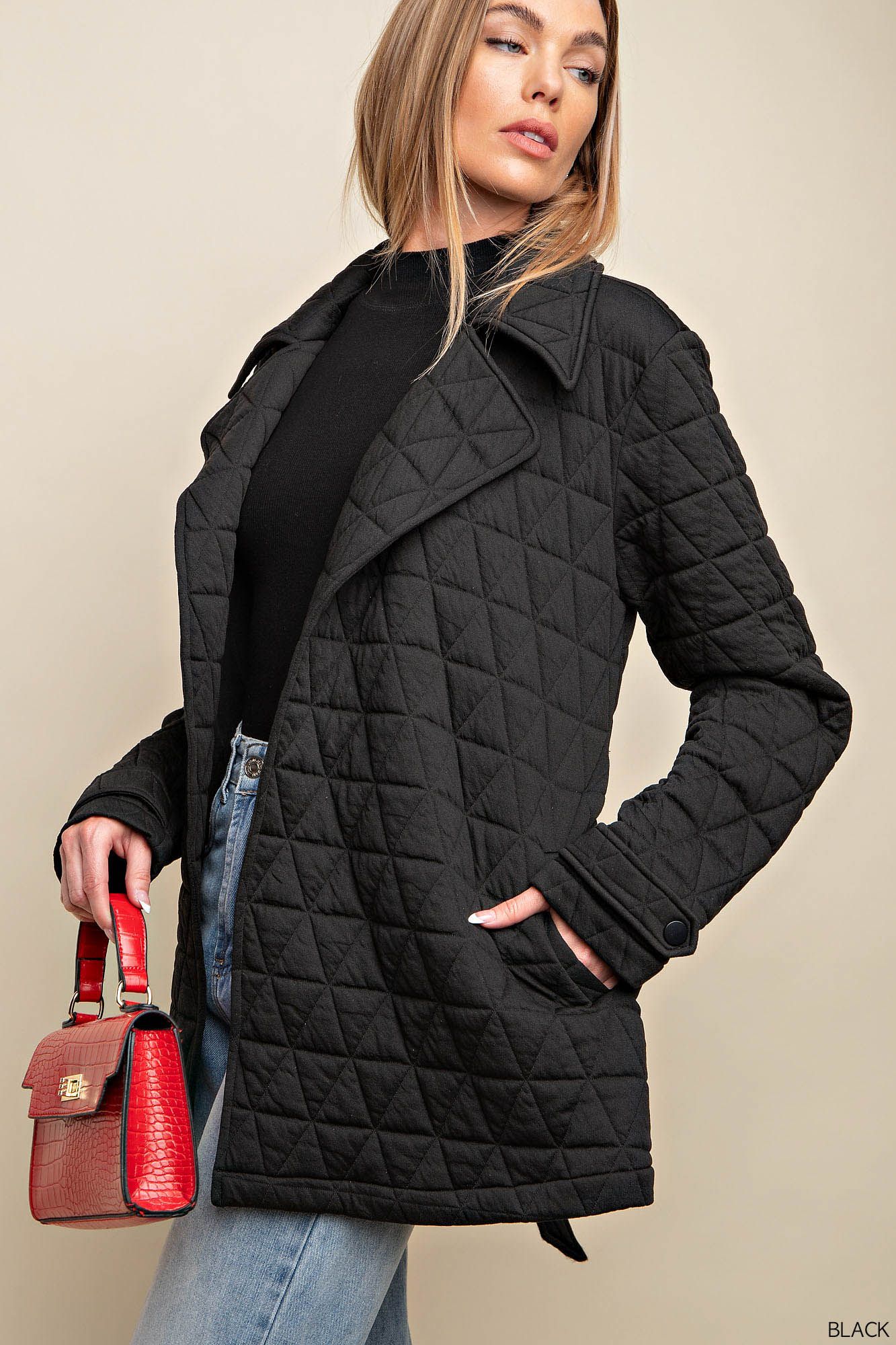 Belted quilt fabric jacket with side pockets Jacket Kori