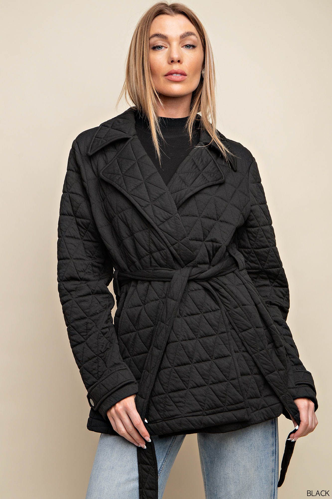Belted quilt fabric jacket with side pockets Jacket Kori