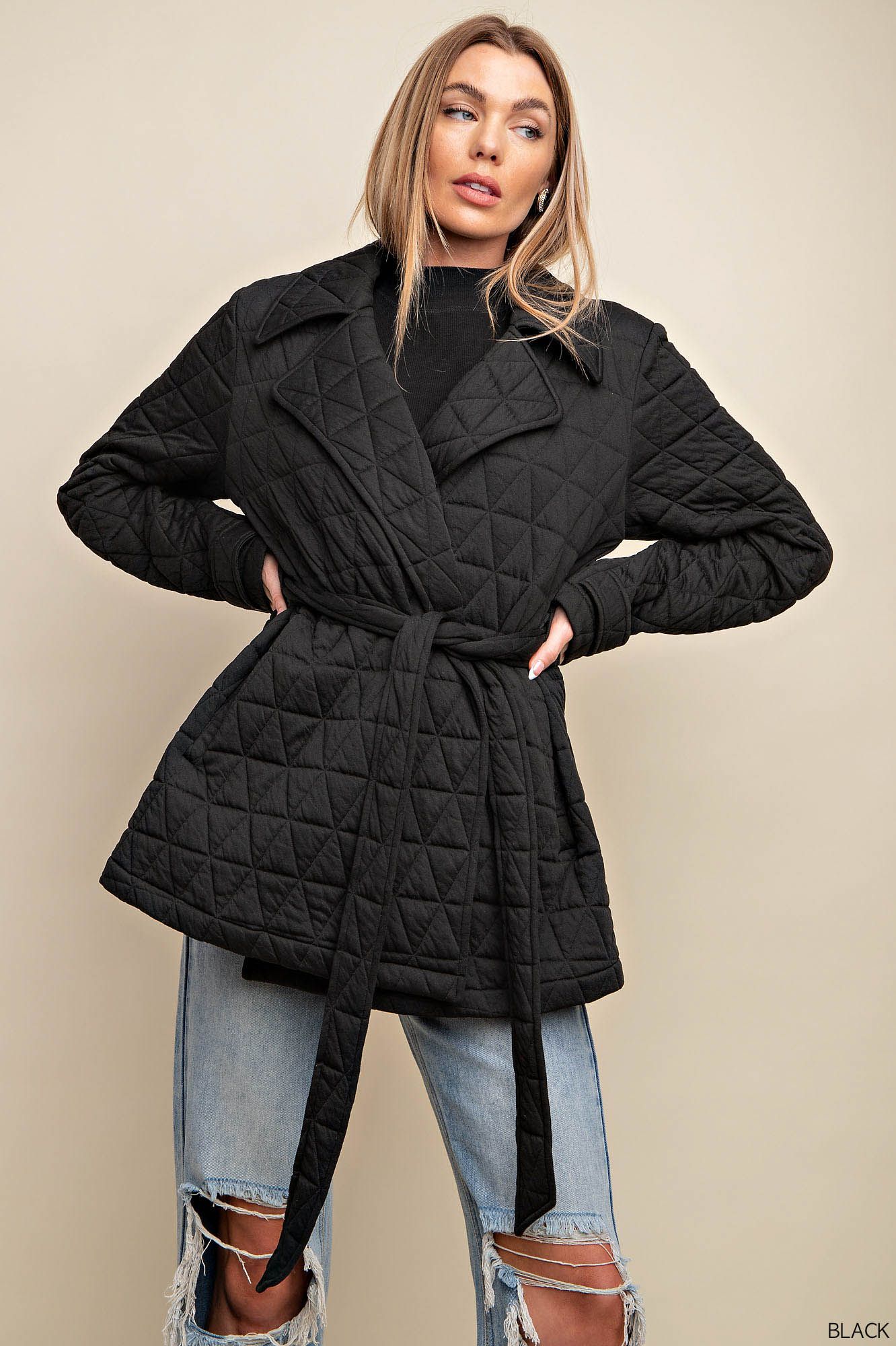 Belted quilt fabric jacket with side pockets Jacket Kori   