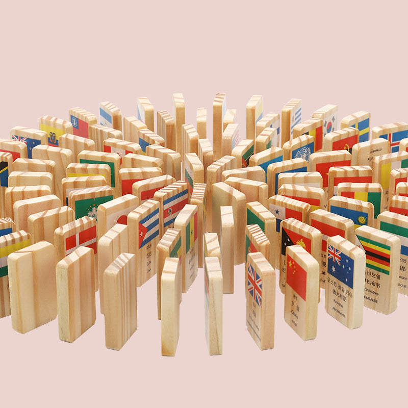 National Flags of the World Domino Set - 100-Piece Wooden Domino Set with flag and country name in four different languages. Gifts Ivy and Pearl Boutique