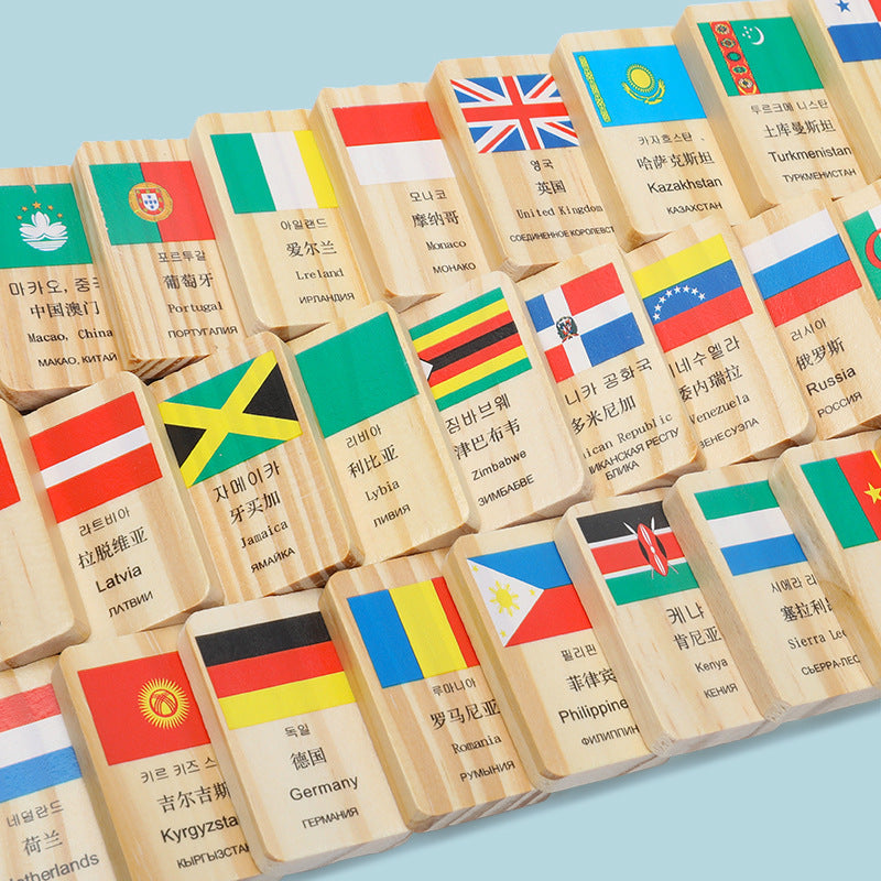 National Flags of the World Domino Set - 100-Piece Wooden Domino Set with flag and country name in four different languages. Gifts Ivy and Pearl Boutique