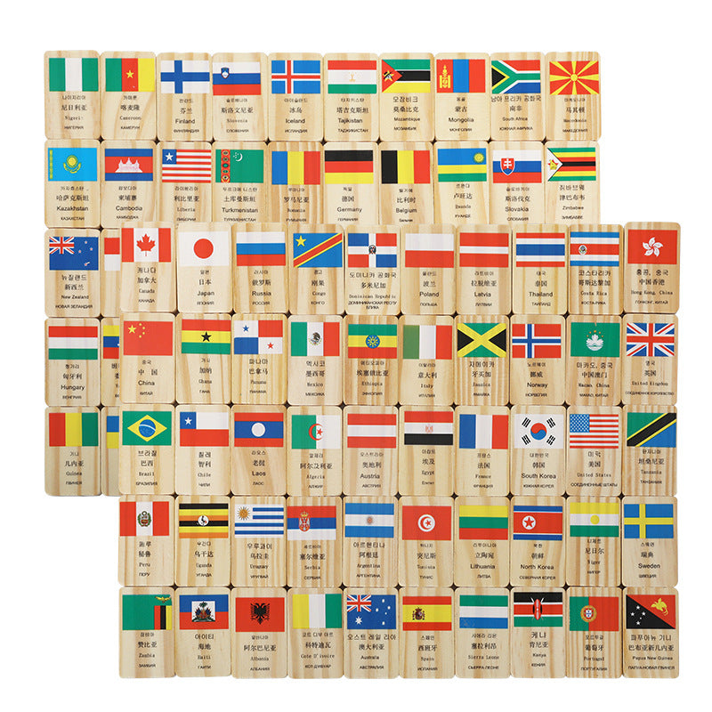 National Flags of the World Domino Set - 100-Piece Wooden Domino Set with flag and country name in four different languages. Gifts Ivy and Pearl Boutique