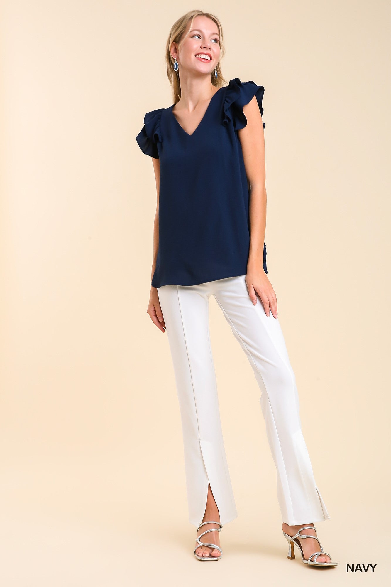 V-Neck Double Layered Flutter Sleeve Blouse with No Lining Ivy and Pearl Boutique