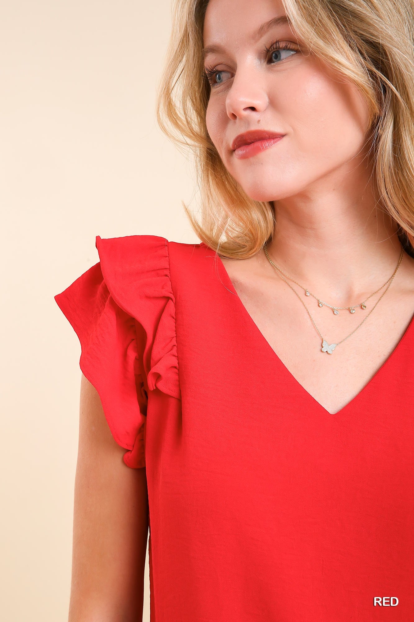 V-Neck Double Layered Flutter Sleeve Blouse with No Lining Ivy and Pearl Boutique