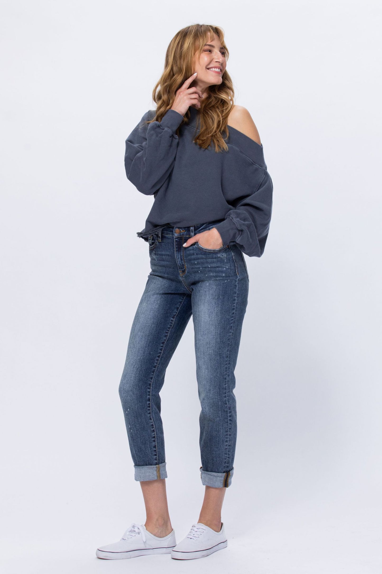 Judy Blue High Rise Bleach Splash Boyfriend jeans Ivy and Pearl Boutique