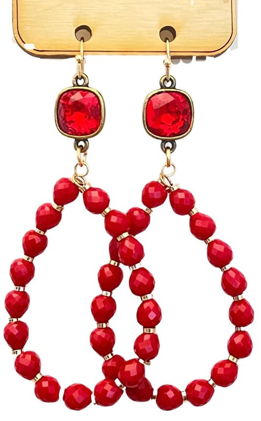 10mm bronze/red cushion cut connector on red bead teardrop earring  Ivy and Pearl Boutique