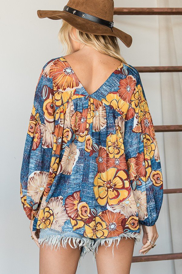 Floral Print Puff Sleeve Collared Flowy Babydoll Top Ivy and Pearl Boutique