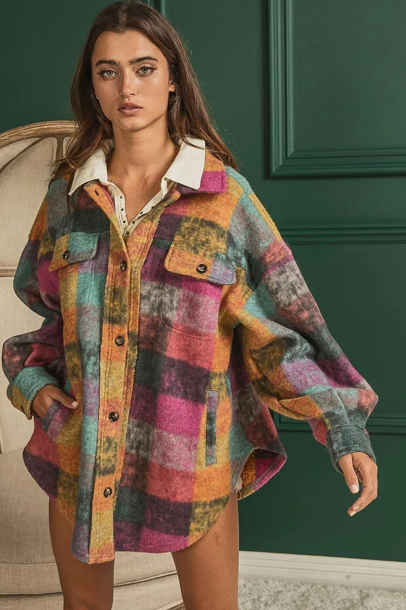 Colorful loose fit buttoned down check shirt jacket Ivy and Pearl Boutique