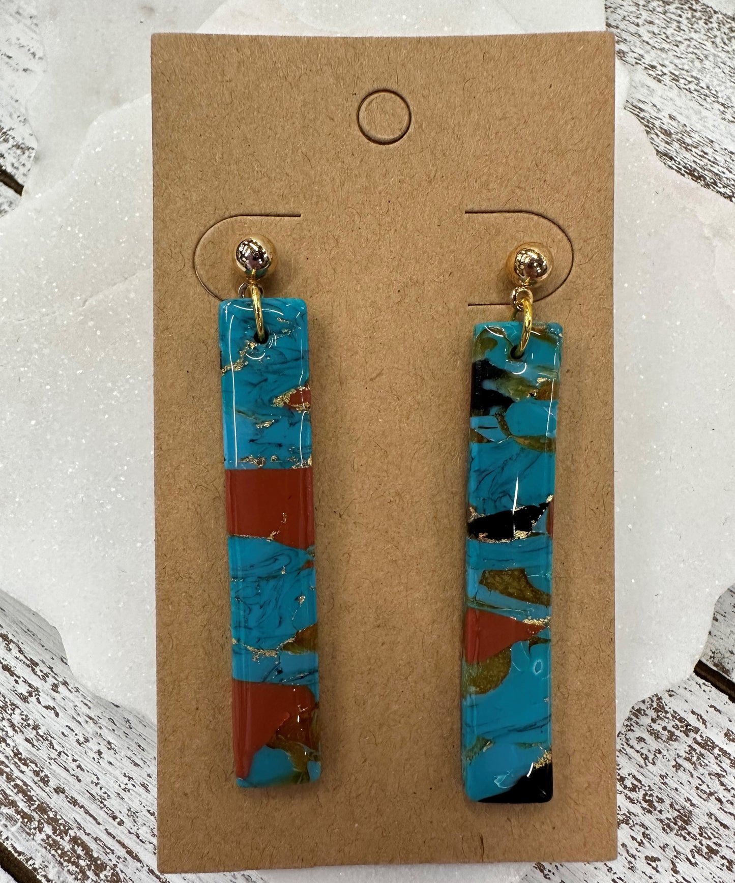 Marbled bars lightweight polymer clay earrings Earrings Lucia J Creations Marbled Brown Black Turquoise