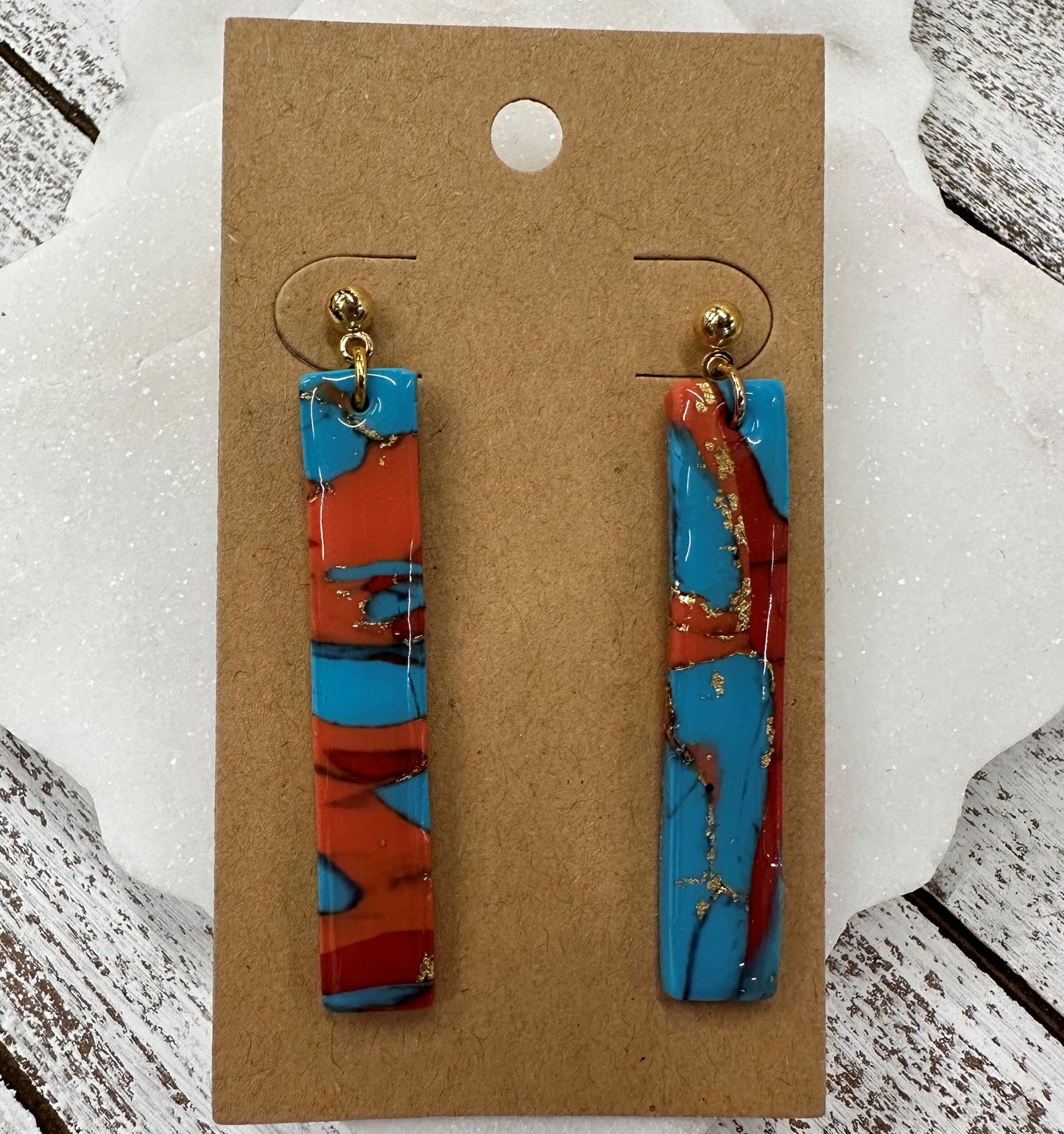 Marbled bars lightweight polymer clay earrings Earrings Lucia J Creations Marbled Red Orange Turquoise