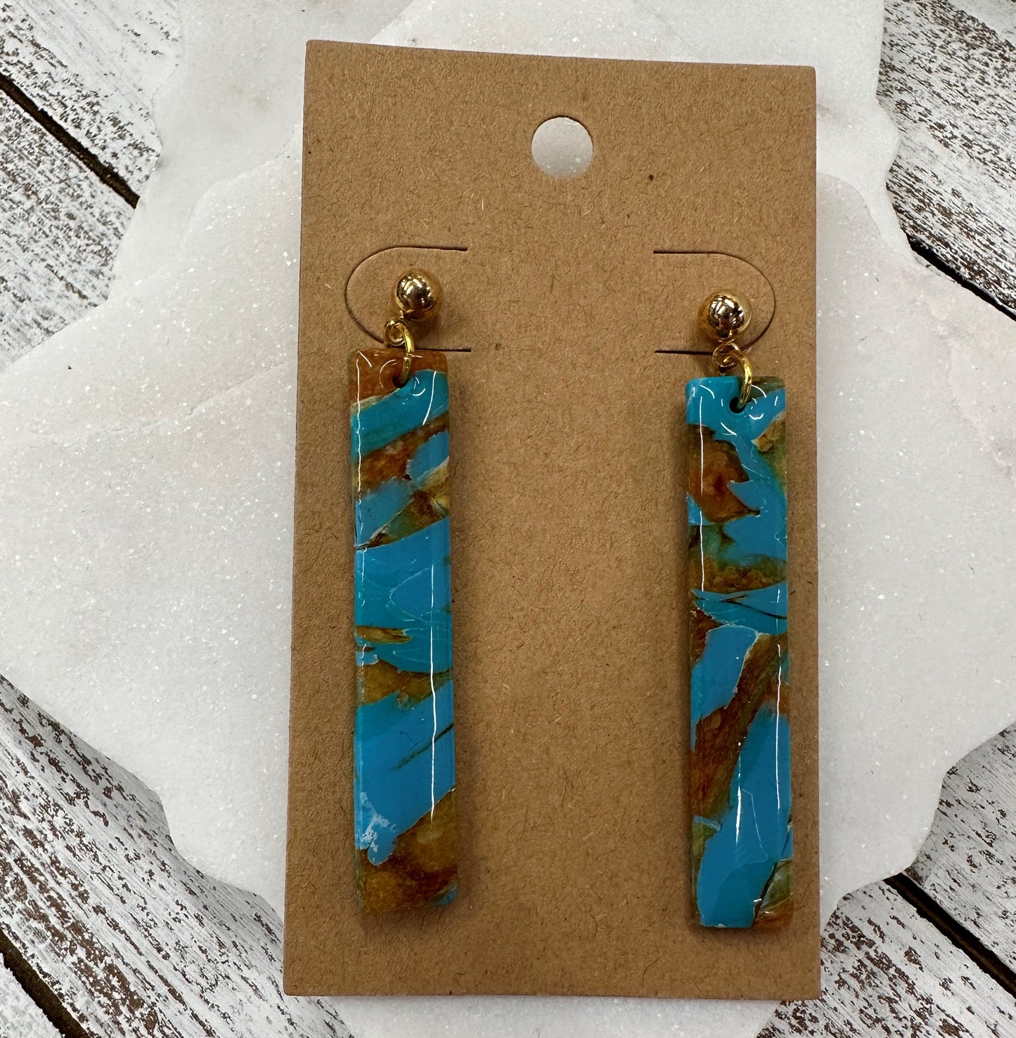 Marbled bars lightweight polymer clay earrings Earrings Lucia J Creations Marbled Brown Turquoise