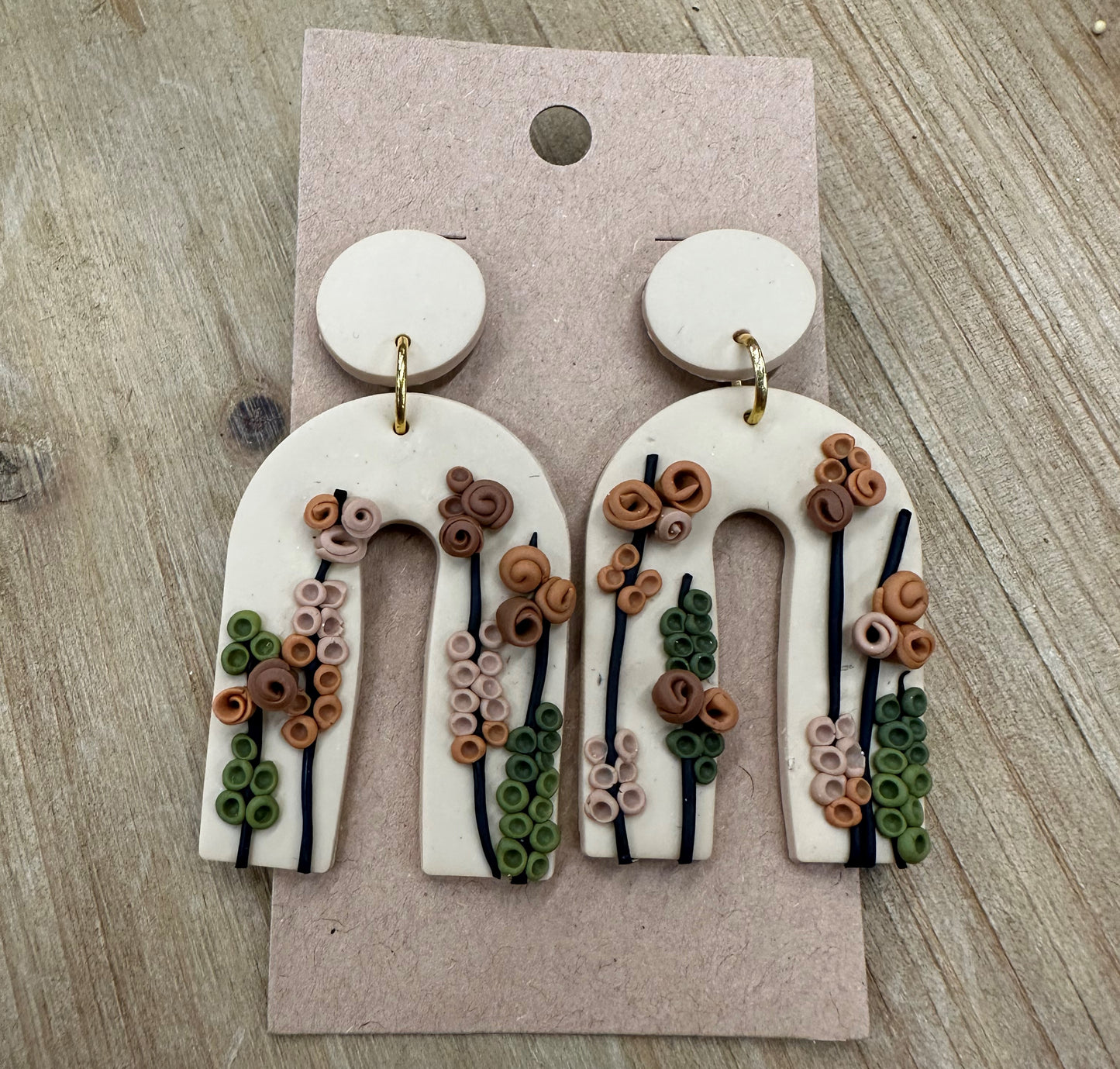 Horseshoe with flowers lightweight polymer clay earrings Earrings Lucia J Creations Cream