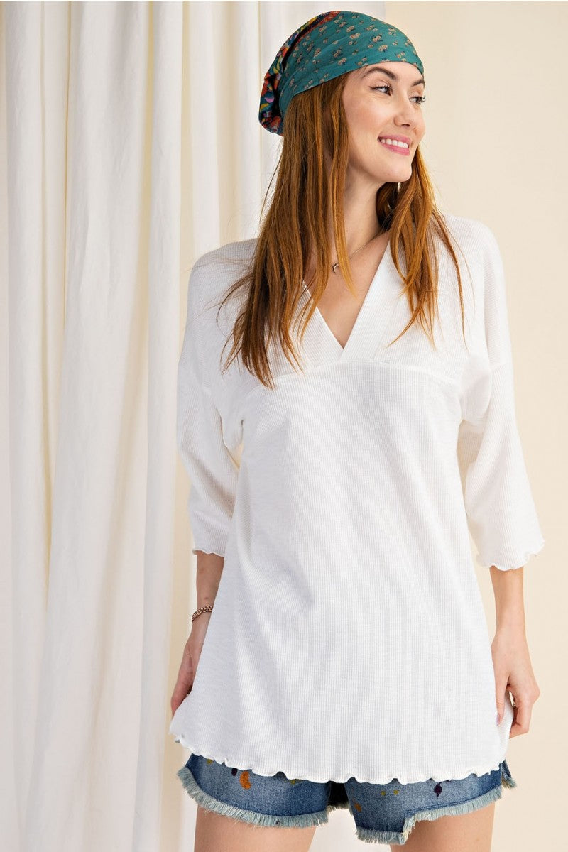 3/4 Sleeves Textured Rayon Rib Double V-Neck Top Ivy and Pearl Boutique White S