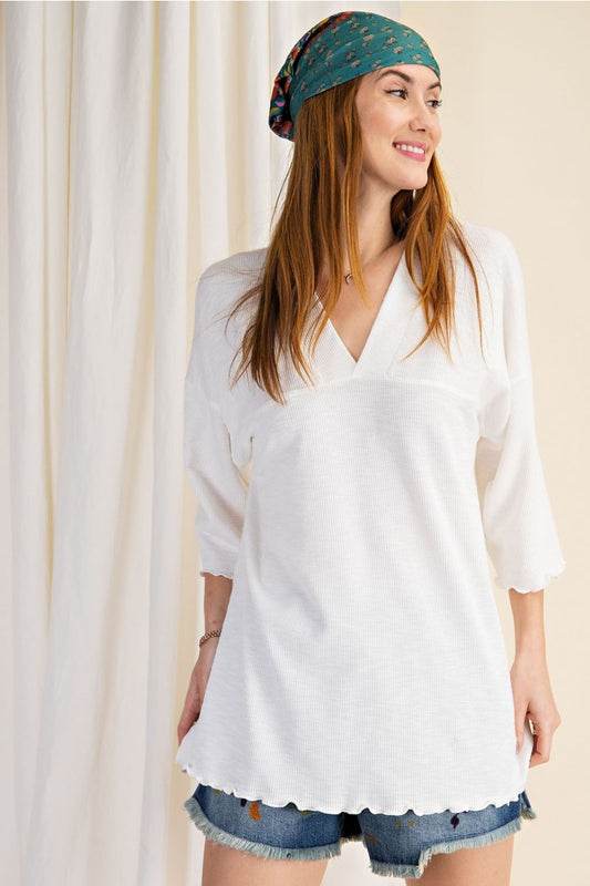 3/4 Sleeves Textured Rayon Rib Double V-Neck Top  Ivy and Pearl Boutique White S