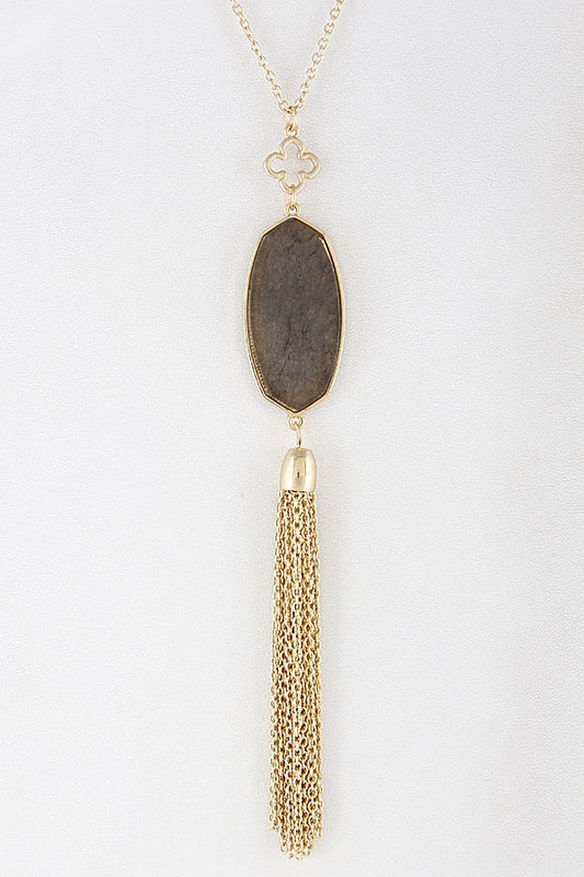Lavalier necklace with stone and chain tassel  Ivy and Pearl Boutique Gold Gray