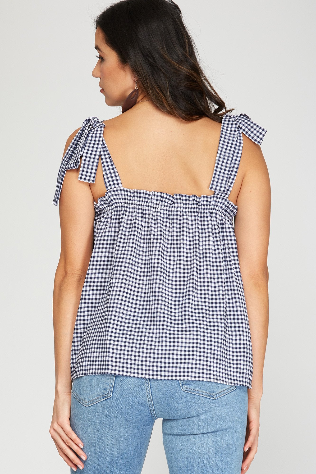 Sleeveless woven gingham top with shoulder ties Ivy and Pearl Boutique