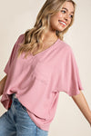 Woven top with V-neckline short sleeves and chest pocket Blouse EE:Some Small Mauve