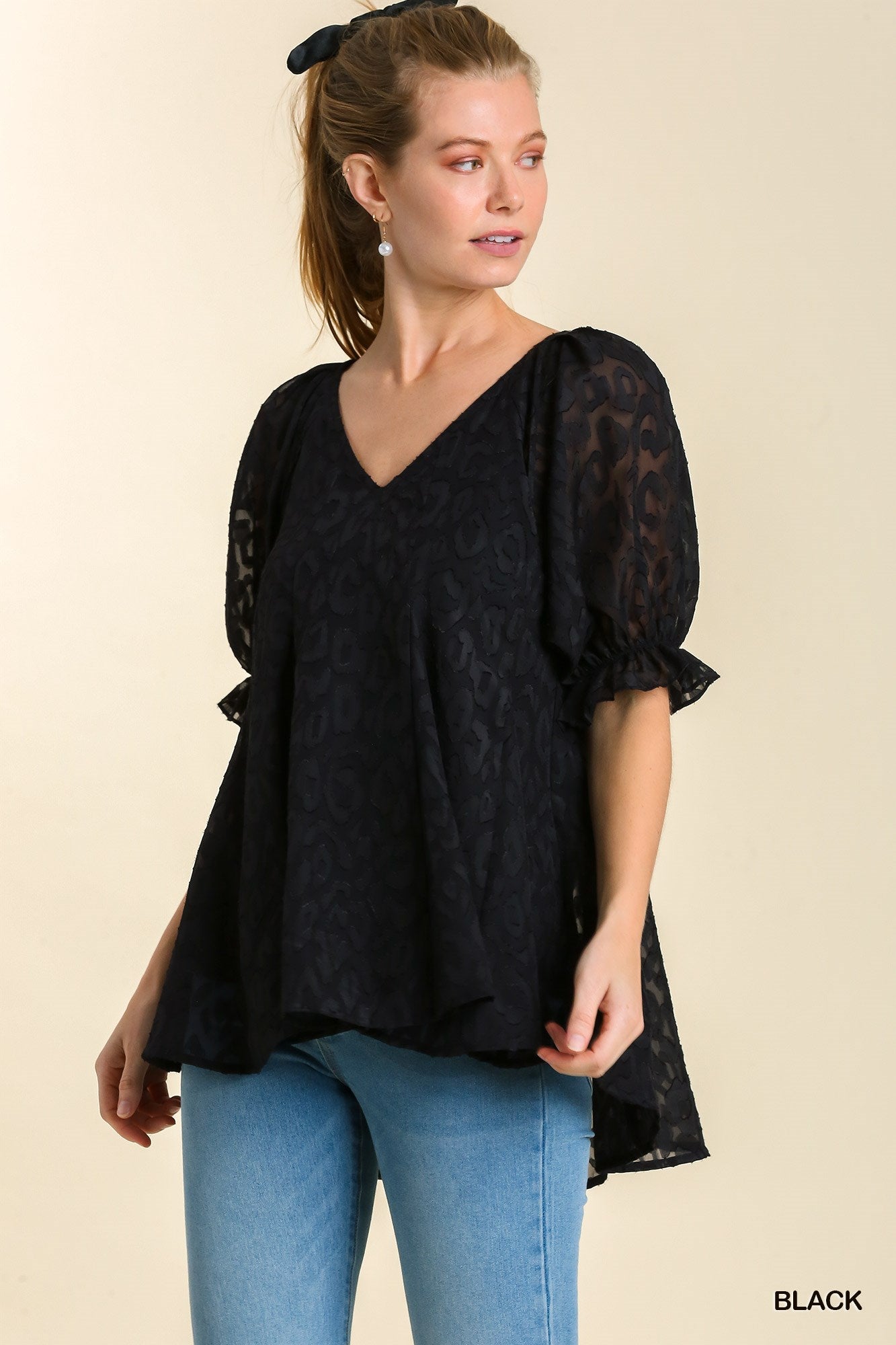 Leopard Print Puff Sleeve V-Neck Blouse with Lining Ivy and Pearl Boutique S Black