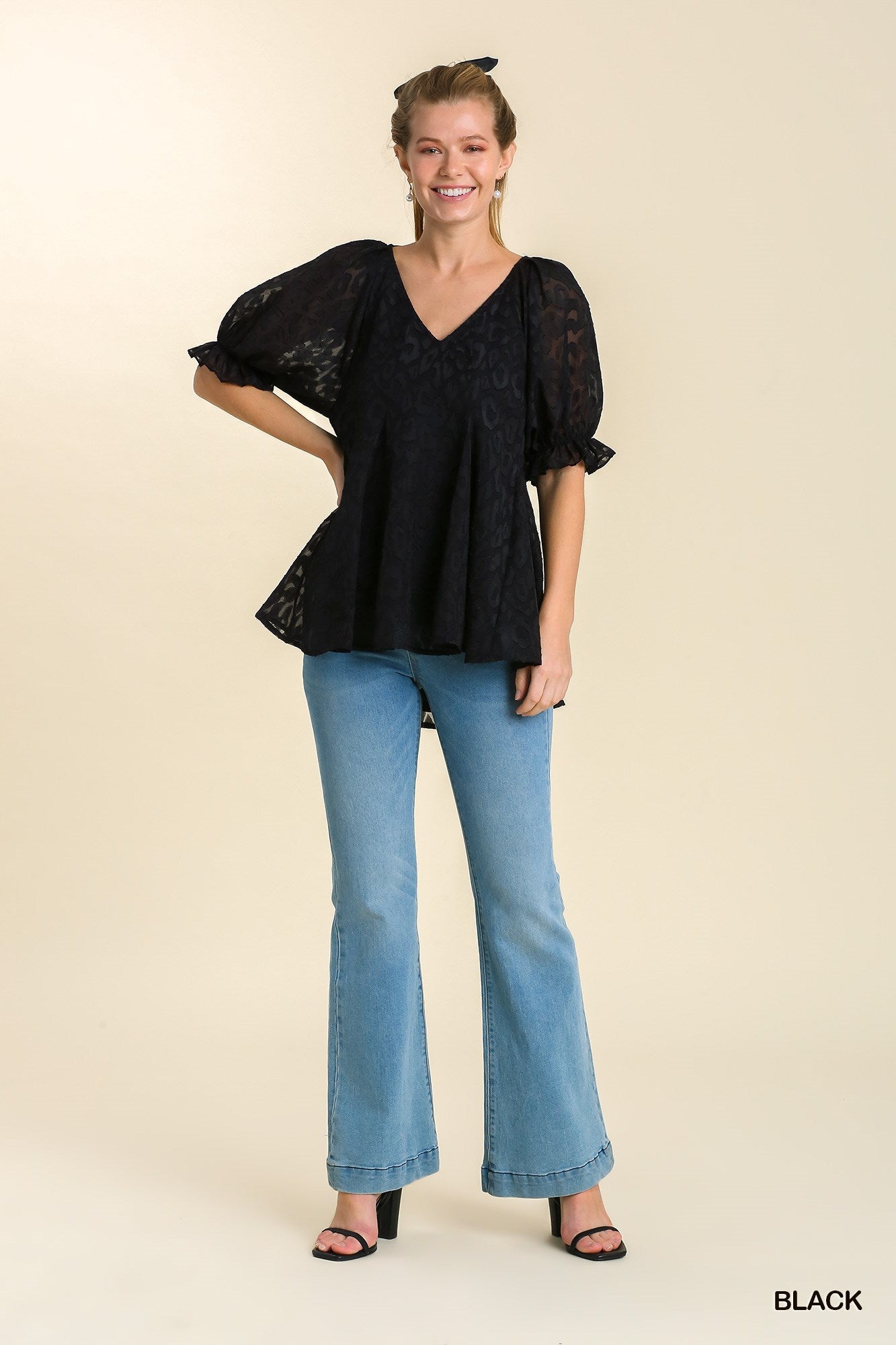Leopard Print Puff Sleeve V-Neck Blouse with Lining Ivy and Pearl Boutique
