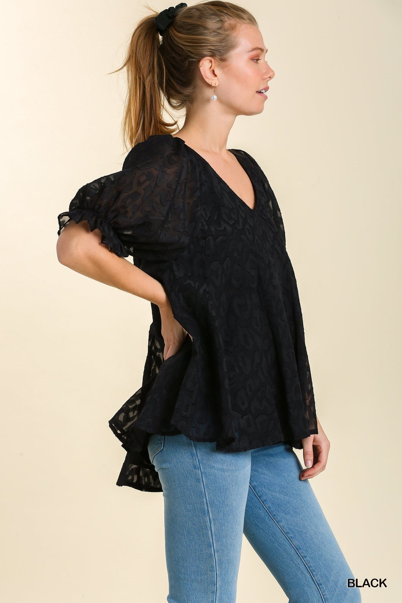 Leopard Print Puff Sleeve V-Neck Blouse with Lining Ivy and Pearl Boutique