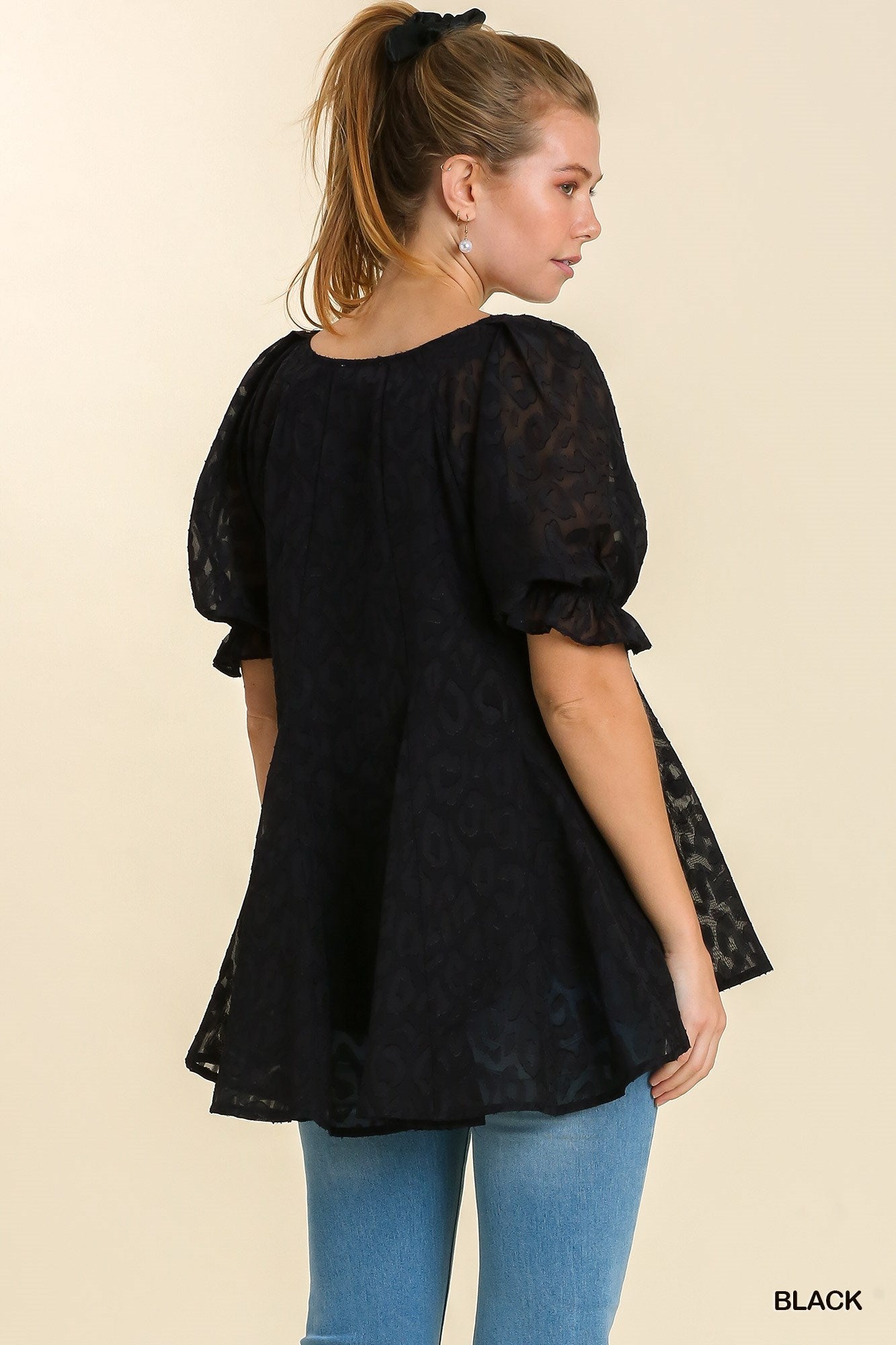 Leopard Print Puff Sleeve V-Neck Blouse with Lining Ivy and Pearl Boutique