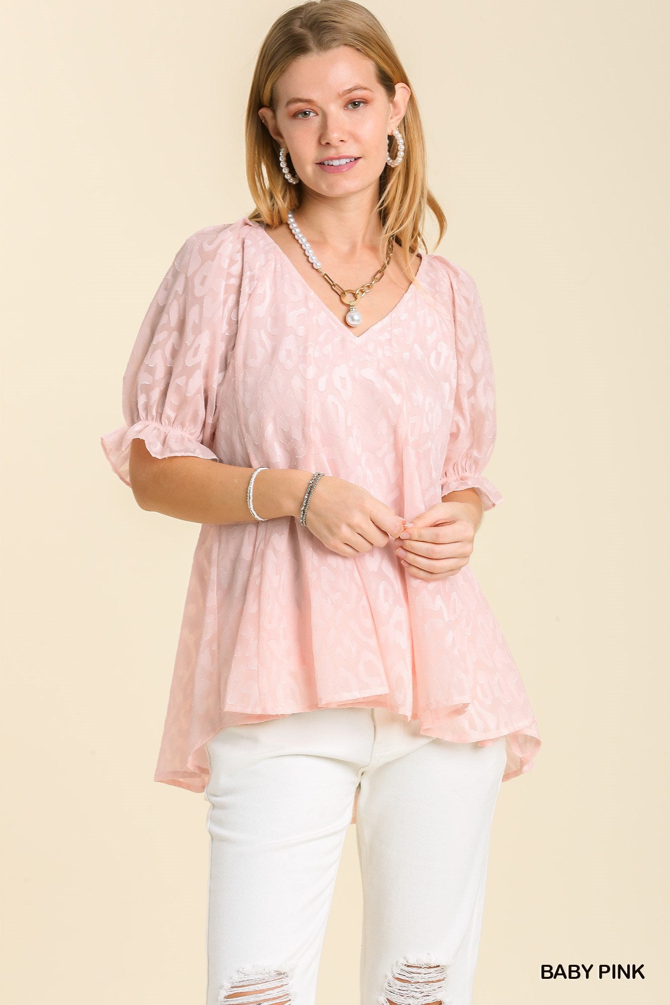 Leopard Print Puff Sleeve V-Neck Blouse with Lining Ivy and Pearl Boutique S Baby Pink
