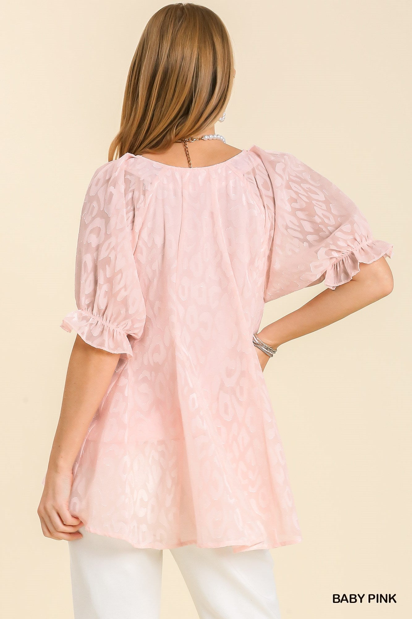 Leopard Print Puff Sleeve V-Neck Blouse with Lining Ivy and Pearl Boutique