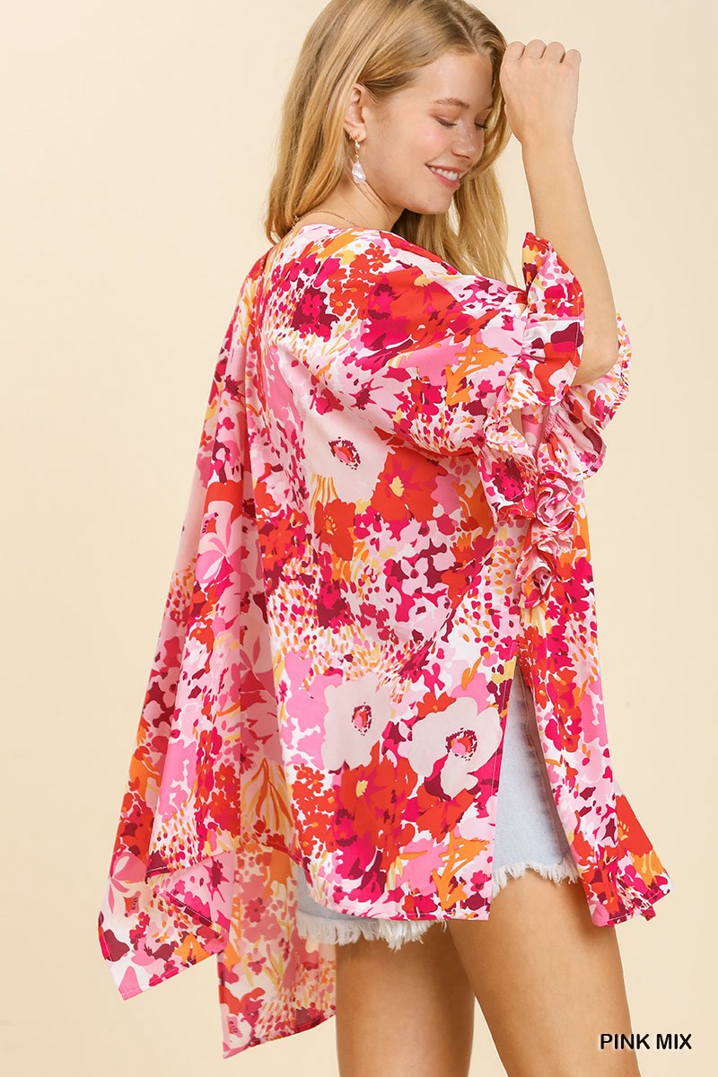Floral Print Ruffle Sleeve Open Front Kimono with Side Slits Ivy and Pearl Boutique
