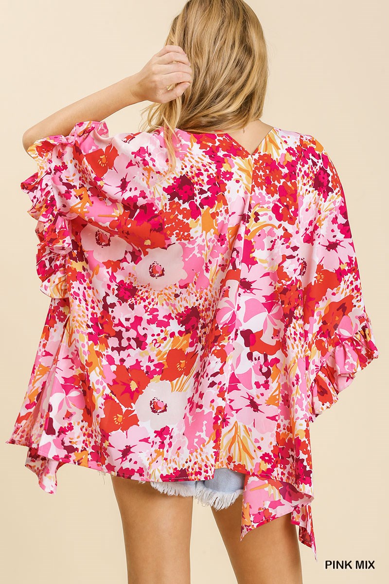 Floral Print Ruffle Sleeve Open Front Kimono with Side Slits Ivy and Pearl Boutique