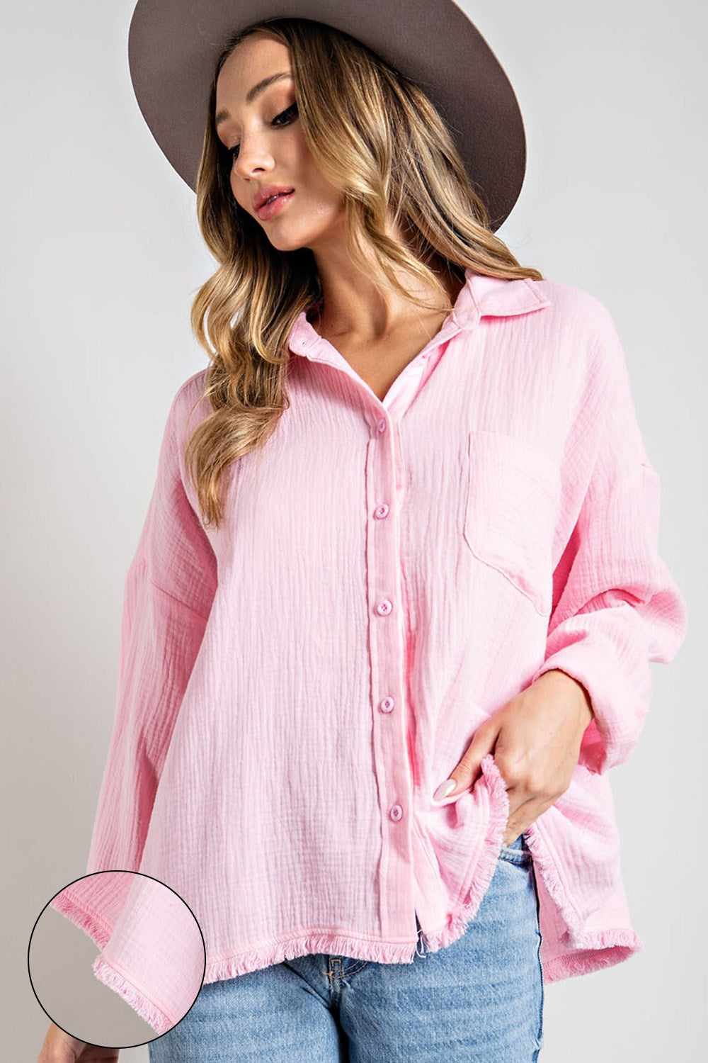 Easy throw over button down top with long sleeves and front pocket Blouse EE:Some