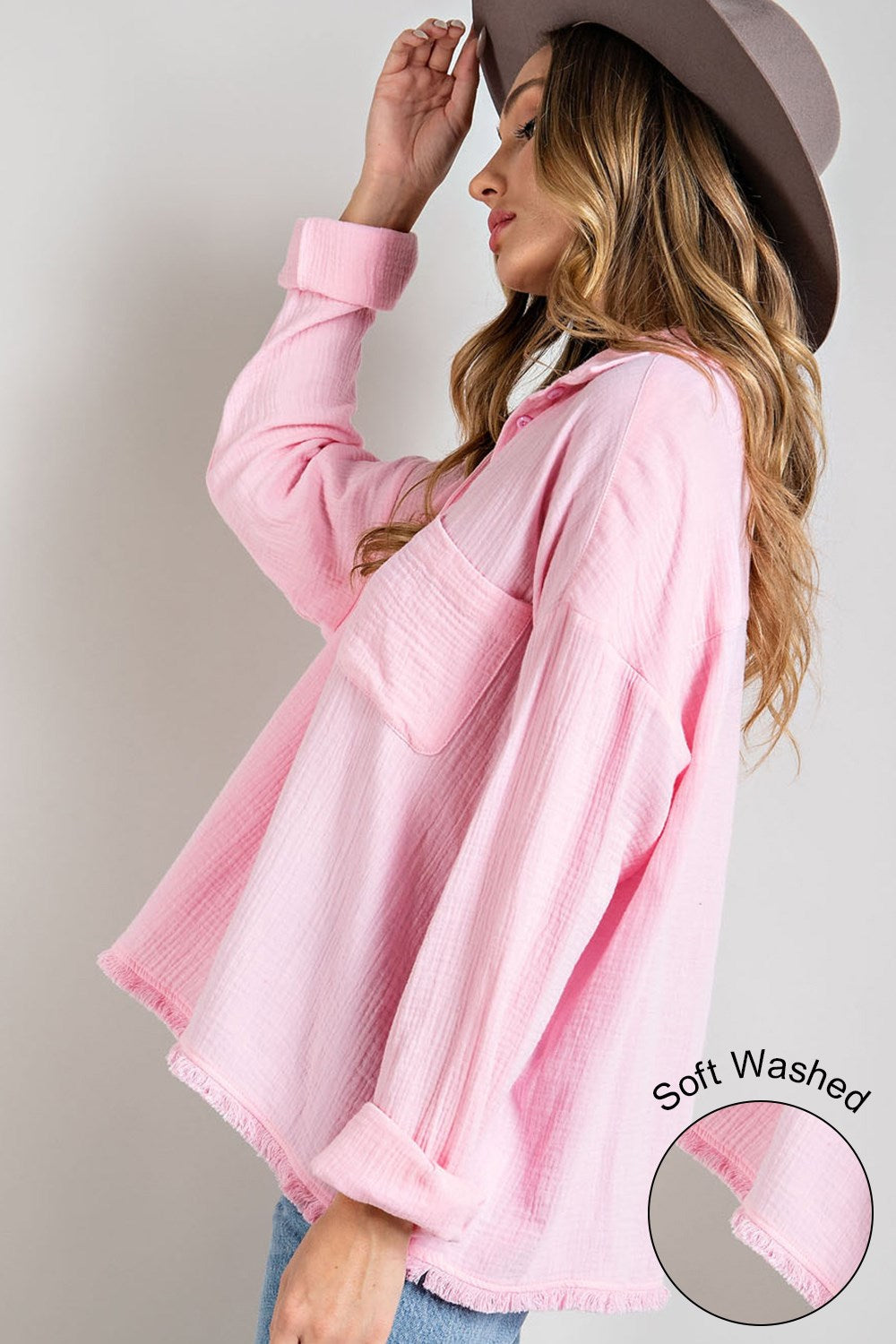 Easy throw over button down top with long sleeves and front pocket Blouse EE:Some